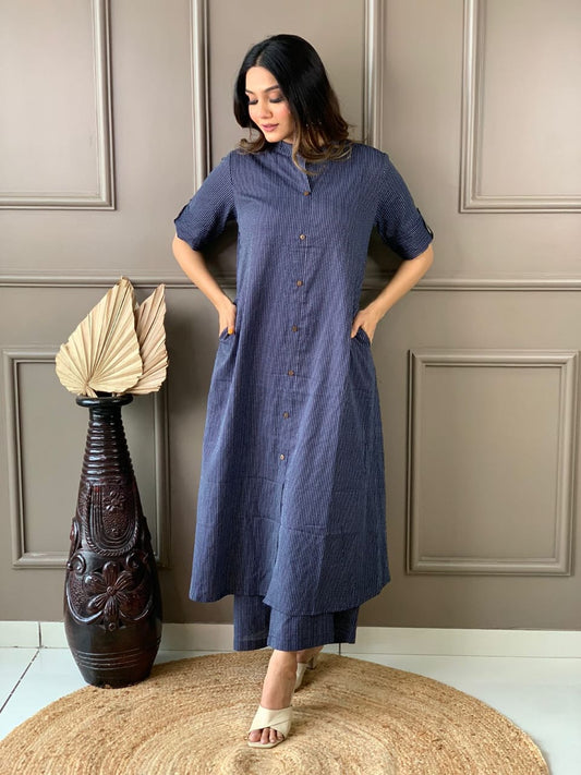 Maabetii Blue A line Kurti Plazo Kantha Coord Set