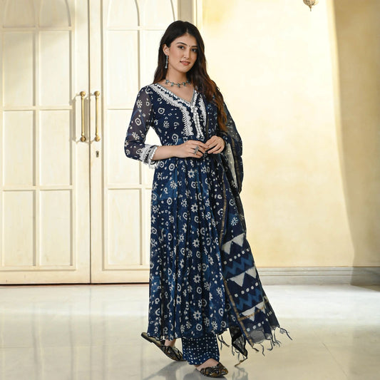 Maabetii Blue Printed Handwork Cotton Anarkali Suit Set