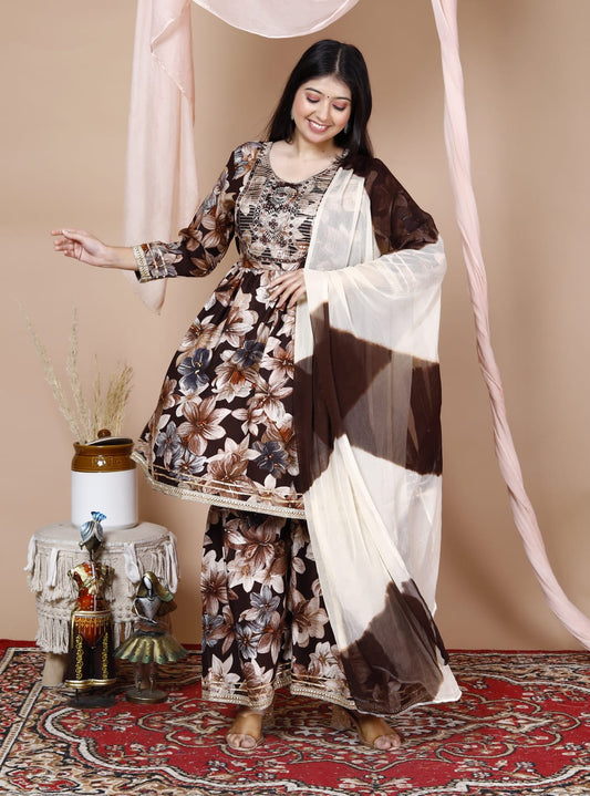 Maabetii Brown Embroider Work Rayon Peplum Sharara Suit Set