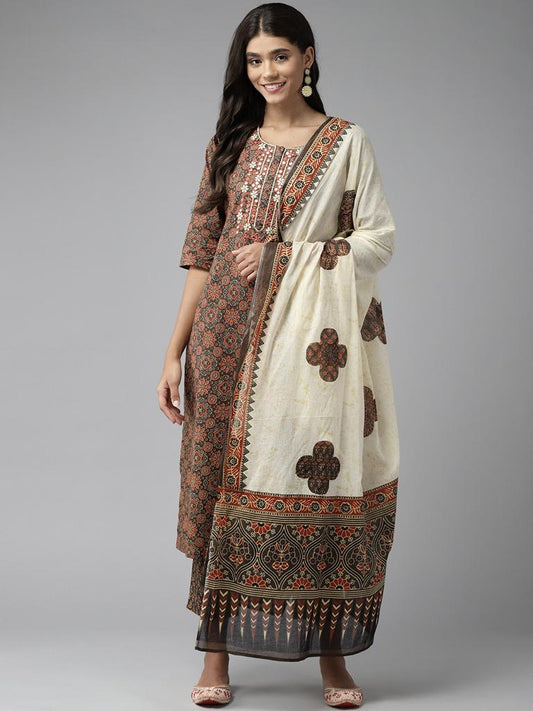 Maabetii Brown Procin Printed Cotton Straight Suit Set