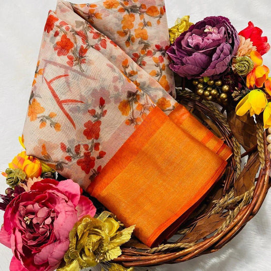 MaaBetii Digital Printed Orange Floral Cotton Saree