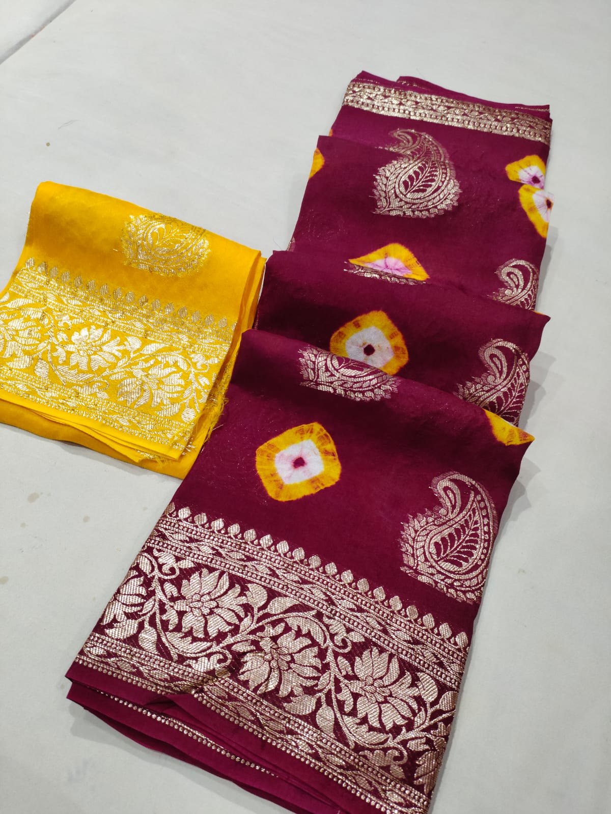 Maabetii Dola Silk Hand Bandhej Zari Work Saree with Contrast blouse