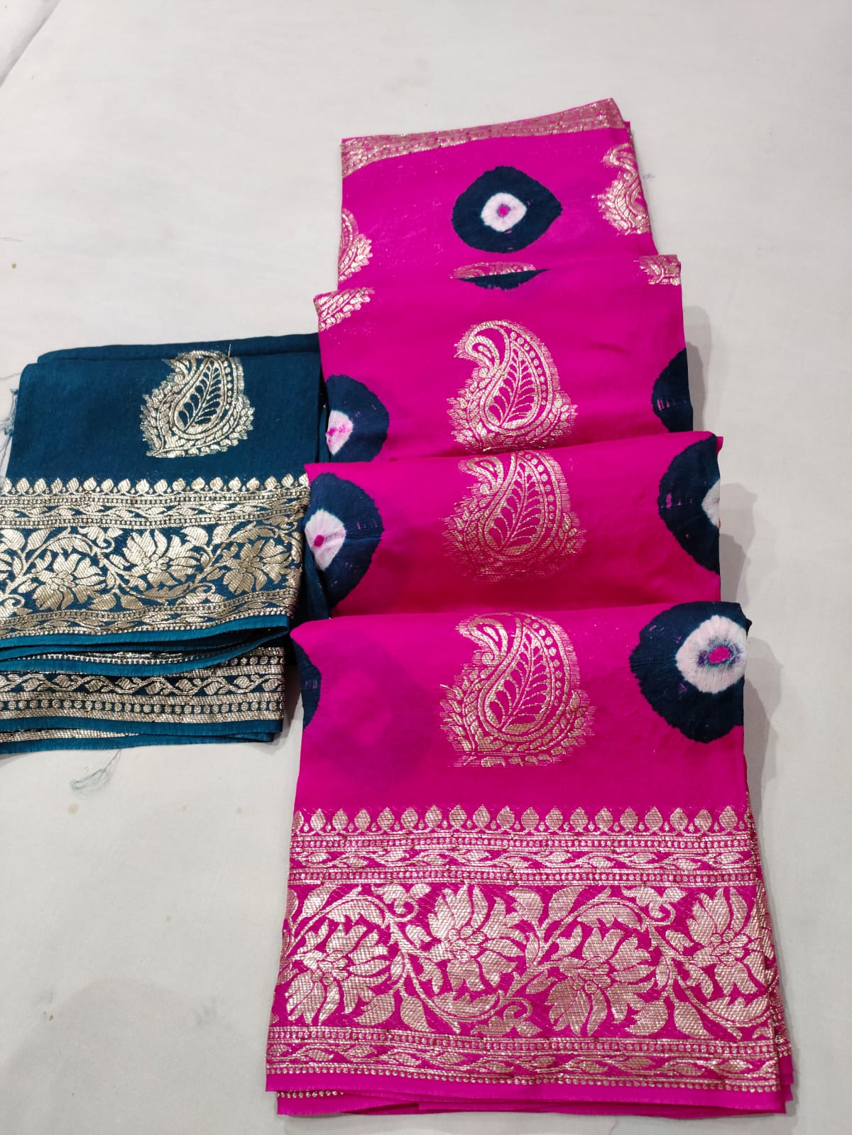 Maabetii Dola Silk Hand Bandhej Zari Work Saree with Contrast blouse