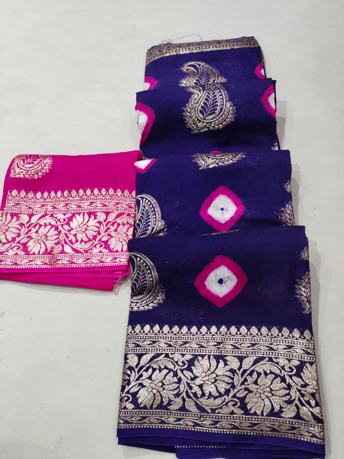 Maabetii Dola Silk Hand Bandhej Zari Work Saree with Contrast blouse