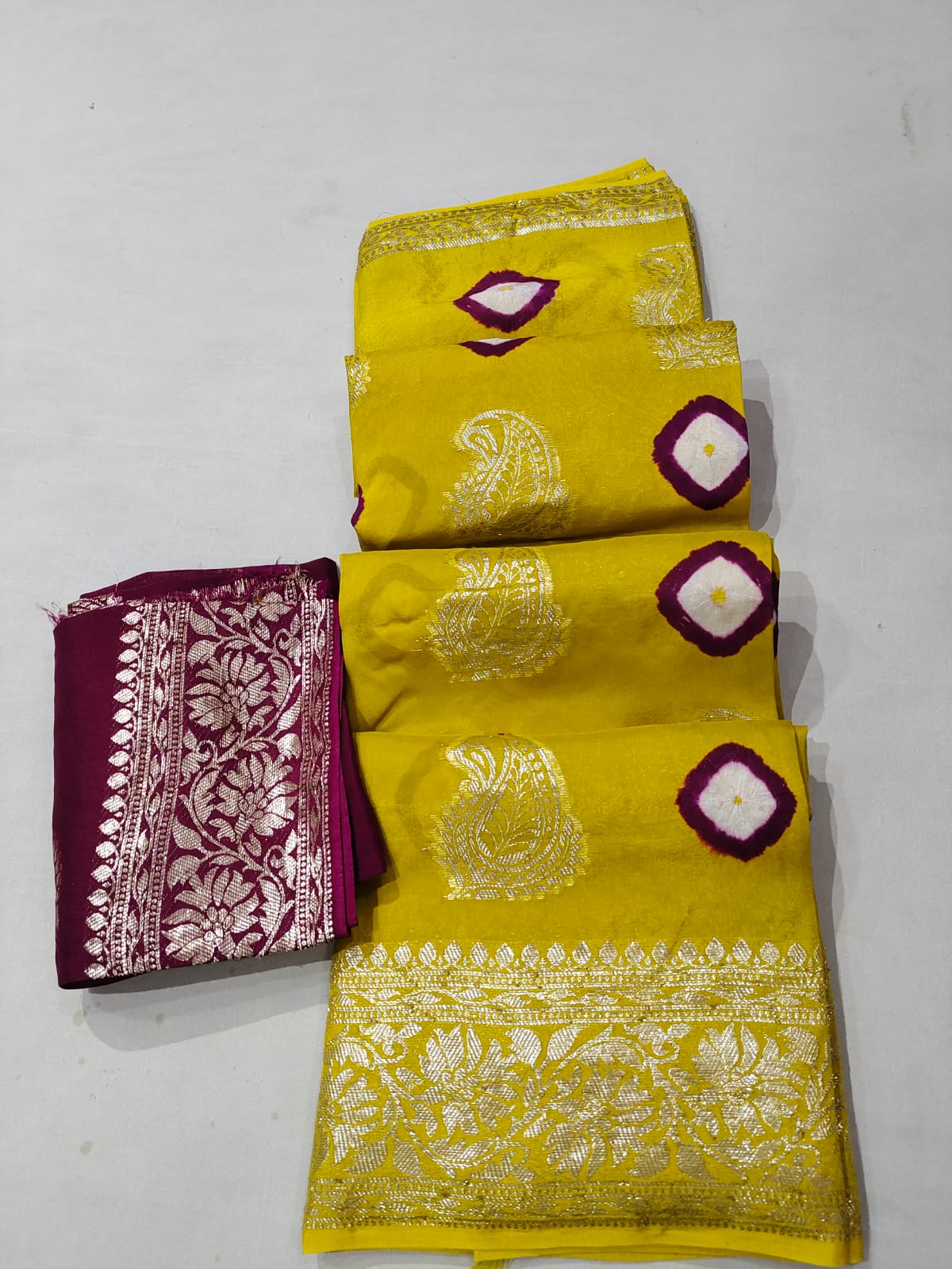 Maabetii Dola Silk Hand Bandhej Zari Work Saree with Contrast blouse