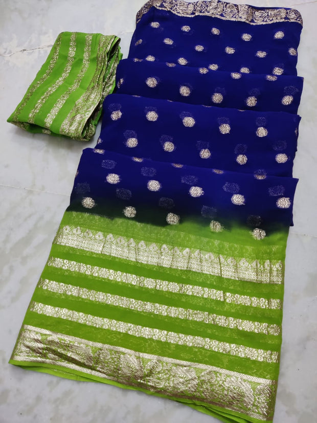 Maabetii Dual Color Jaipuri Dye Zari Work Pure Georgette Saree