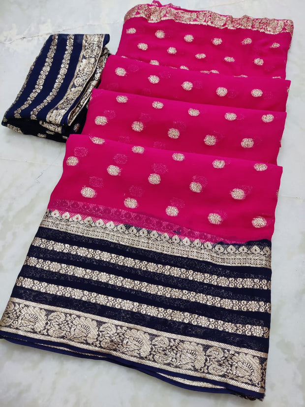 MaaBetii Dual Color Jaipuri Dye Zari Work Pure Georgette Saree