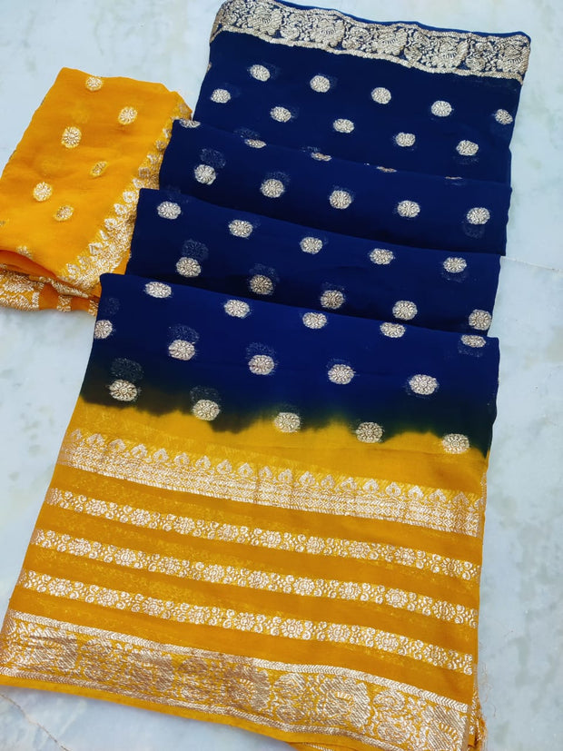 Maabetii Dual Color Jaipuri Dye Zari Work Pure Georgette Saree