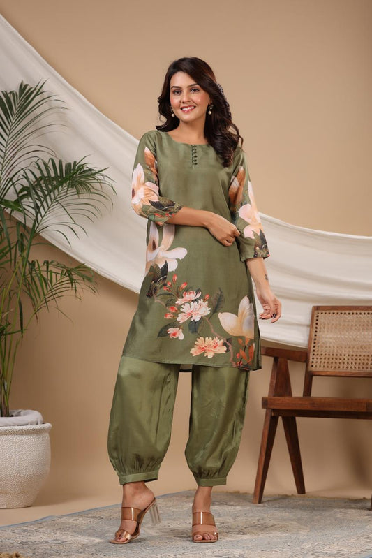 Maabetii Floral Green Digital Print Muslin Afghani Coord Set