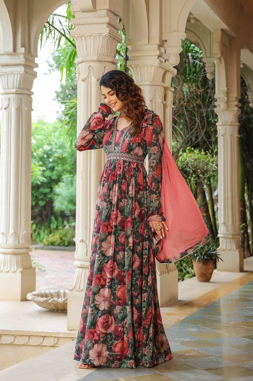 Maabetii Floral Multicolor Embroider Anarkali Gown Chinnon Suit Set