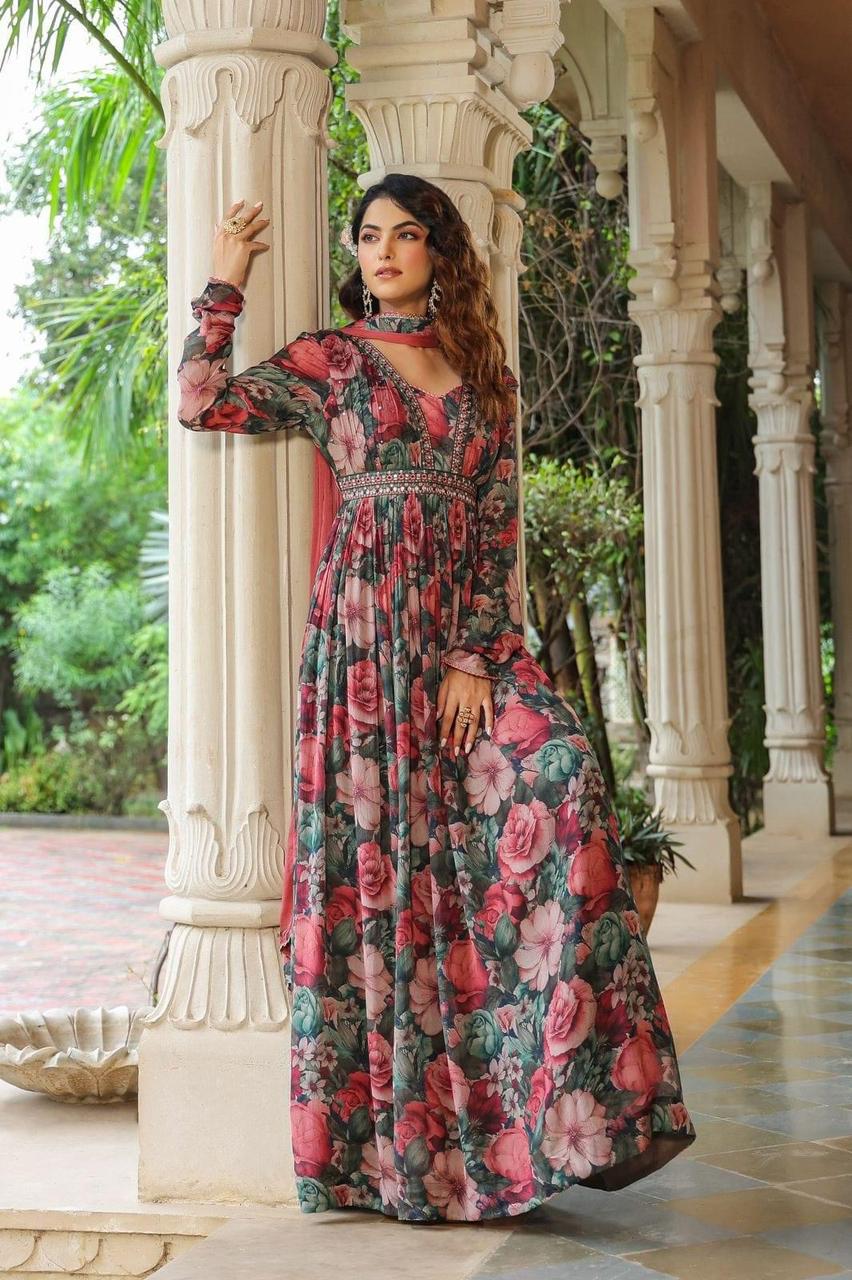 Maabetii Floral Multicolor Embroider Anarkali Gown Chinnon Suit Set