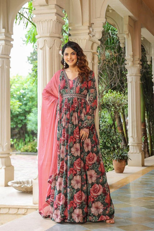 Maabetii Floral Multicolor Embroider Anarkali Gown Chinnon Suit Set