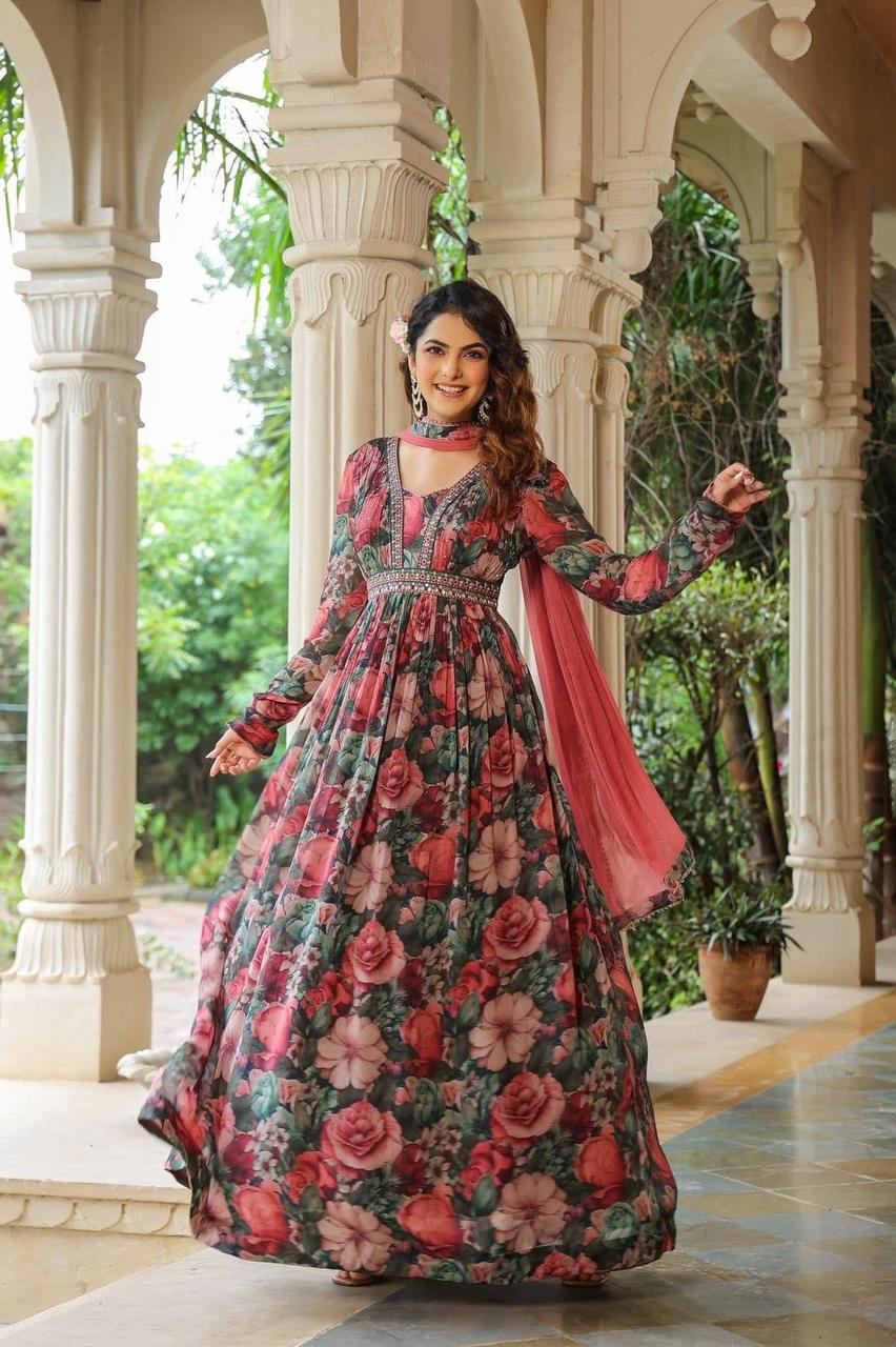 Wine Color Floral Print Anarkali With Churidar And Floral Printed Dupatta –  Set Of | chapalapmc.com