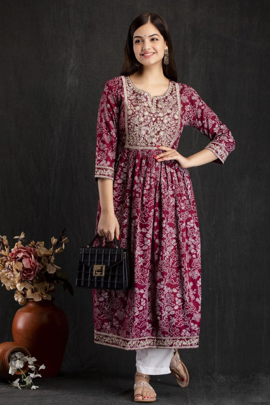 Maabetii Floral Red Naira Cut Style Rayon Kurta with Pants