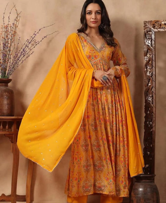 Maabetii Floral Yellow Handwork Chinnon Alia Anarkali Suit Set