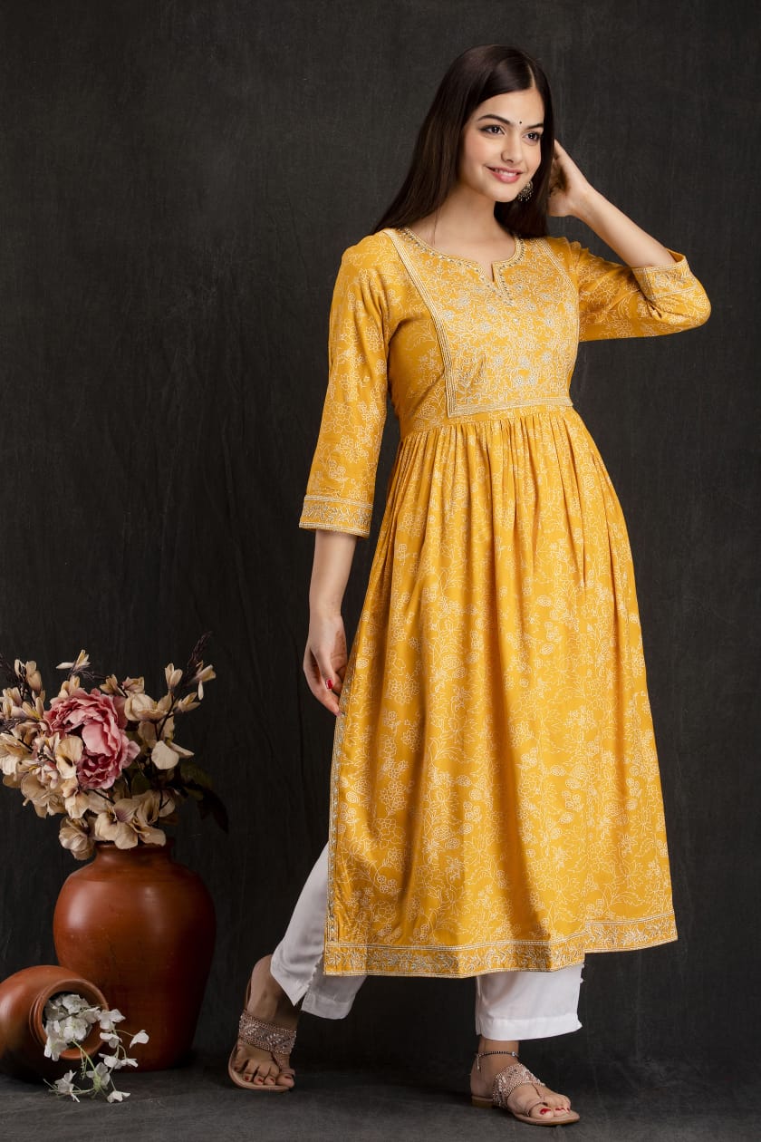 Maabetii Floral Yellow Naira Cut Style Rayon Kurta with Pants maabetii