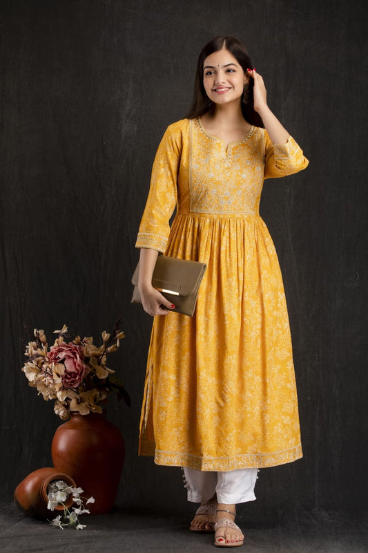 Maabetii Floral Yellow Naira Cut Style Rayon Kurta with Pants