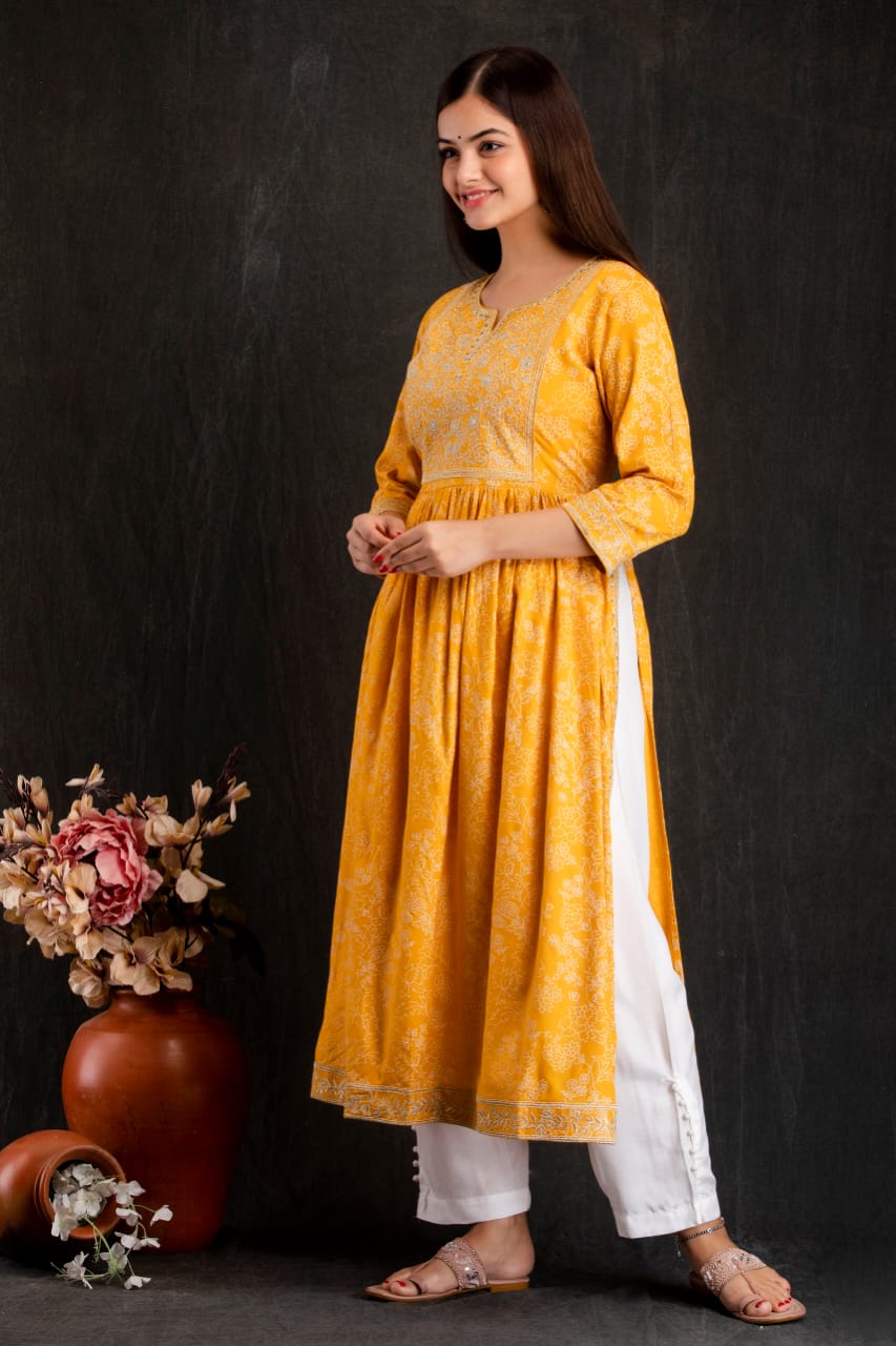 Maabetii Floral Yellow Naira Cut Style Rayon Kurta with Pants