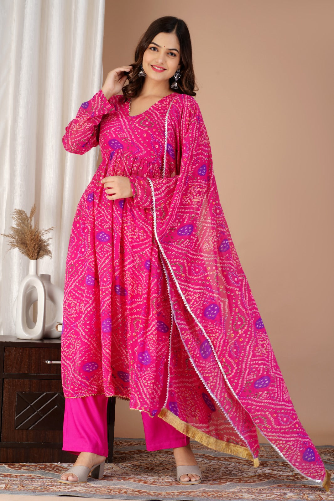 MaaBetii Pink Georgette Bandhani Anarkali Suit Set