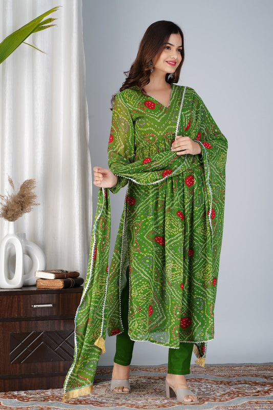 MaaBetii Green Georgette Bandhani Anarkali Suit Set