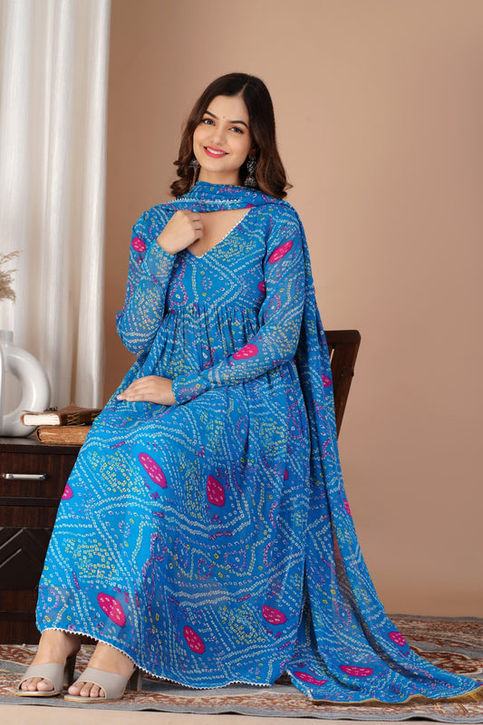 MaaBetii Sky Blue Georgette Bandhani Anarkali Suit Set