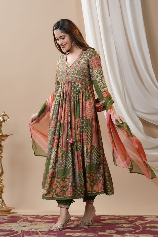 Maabetii Green Alia Cut Muslin Afghani Anarkali Suit set