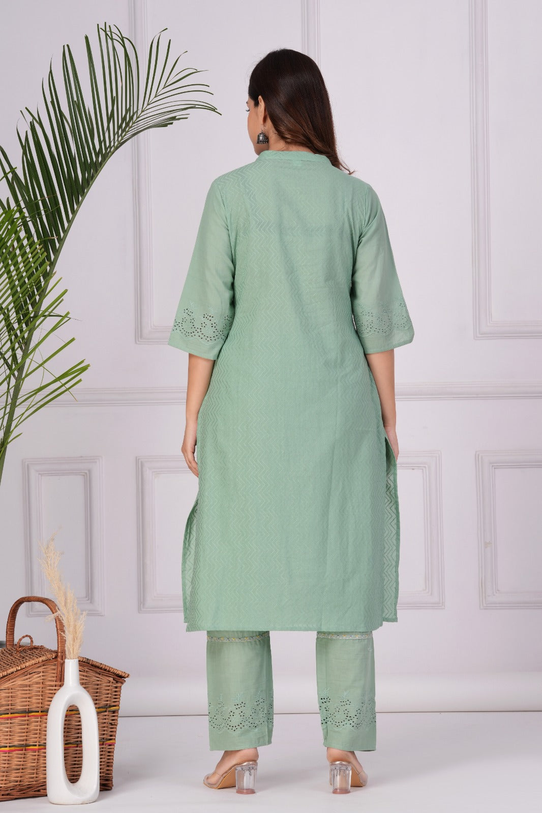 Maabetii Green Embroider Cotton Naira Style Straight Suit Set