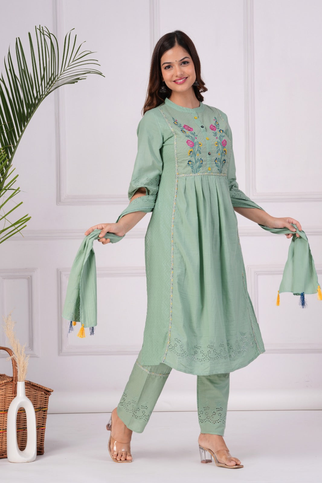 Maabetii Green Embroider Cotton Naira Style Straight Suit Set