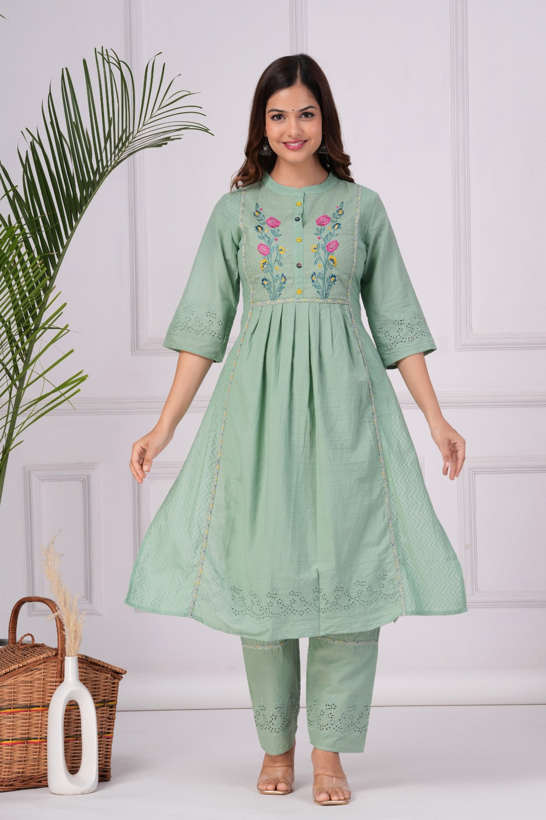 Maabetii Green Embroider Cotton Naira Style Straight Suit Set