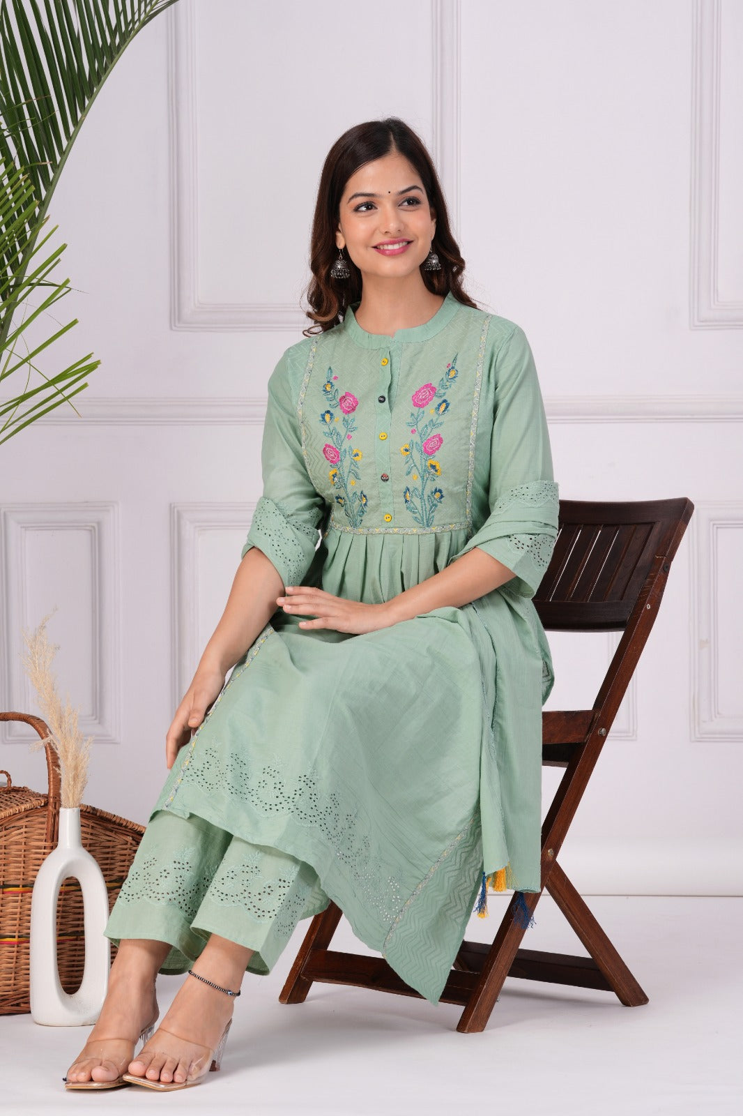 Maabetii Green Embroider Cotton Naira Style Straight Suit Set