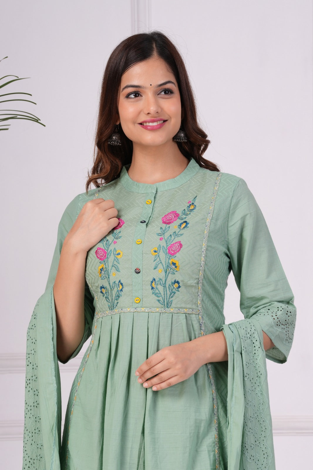 Maabetii Green Embroider Cotton Naira Style Straight Suit Set