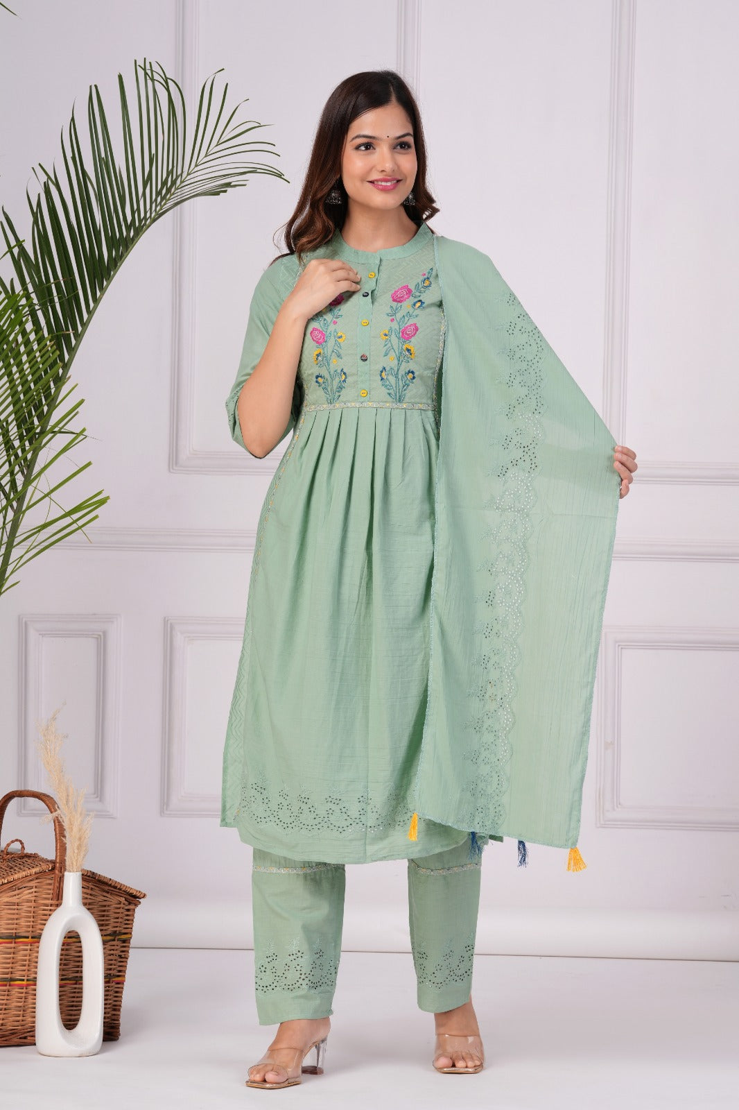 Maabetii Green Embroider Cotton Naira Style Straight Suit Set