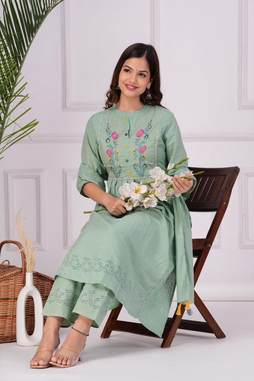 Maabetii Green Embroider Cotton Naira Style Straight Suit Set