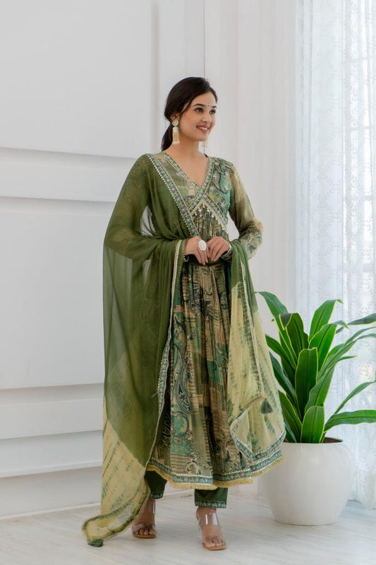 Maabetii Green Floral Embroidery Chinnon Alia Cut Anarkali Suit Set