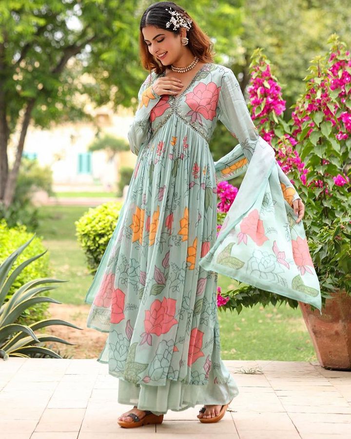 Maabetii Green Floral Printed Alia Cut Pure Chinon Sharara Suit Set