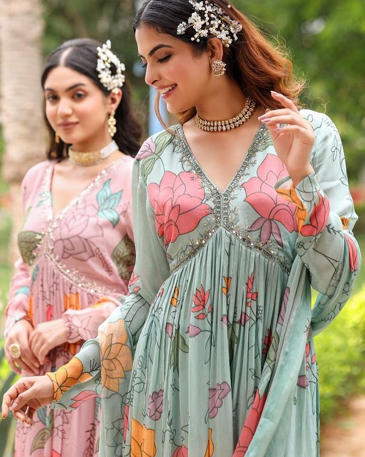 Maabetii Green Floral Printed Alia Cut Pure Chinon Sharara Suit Set