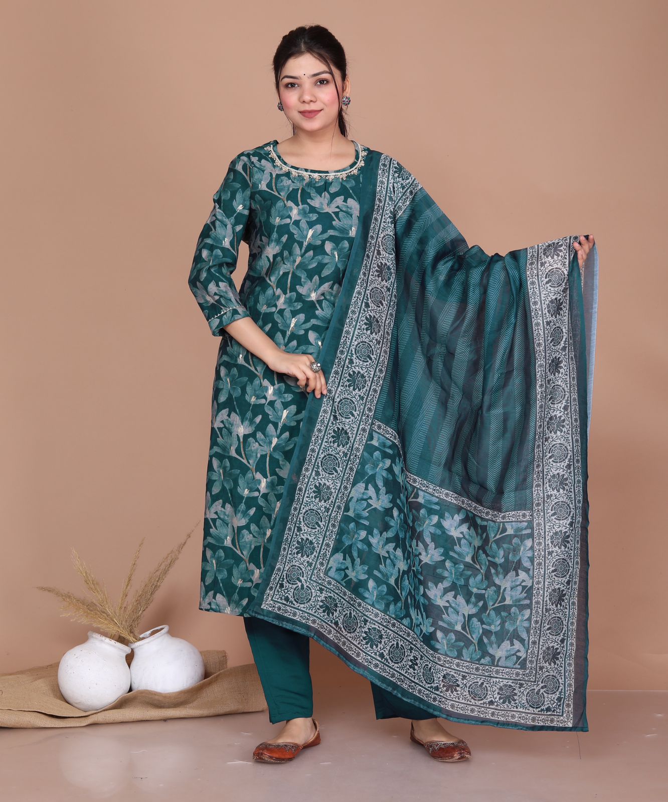 Maabetii Green Floral Sequence Embroider Muslin Straight Suit Set