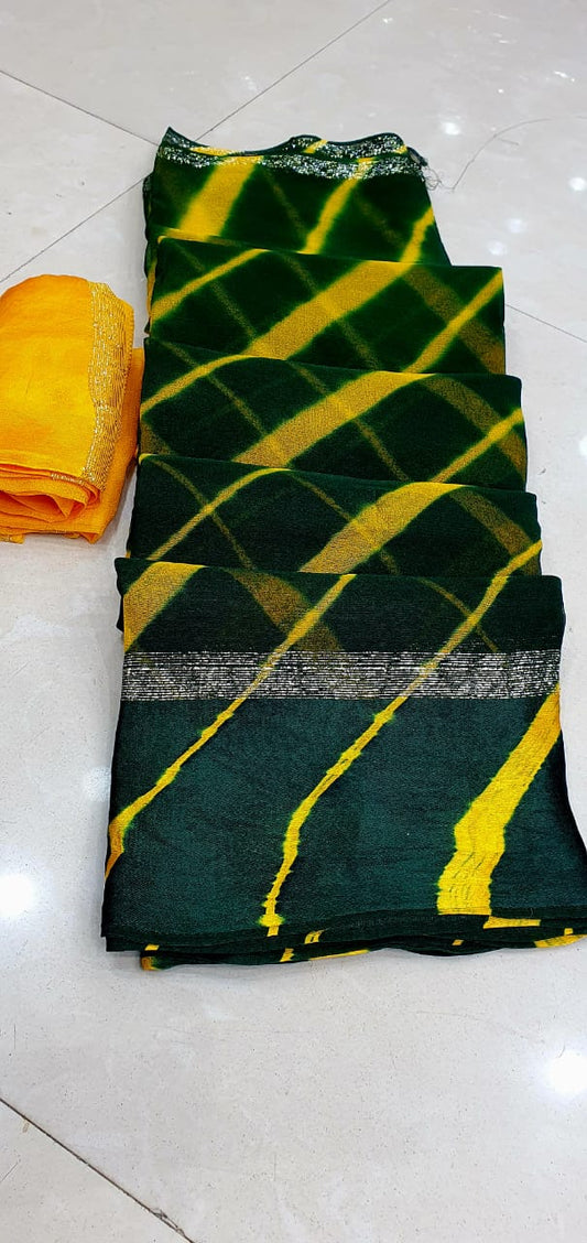 Maabetii Green Georgette Lheriya Saree with Contrast Blouse