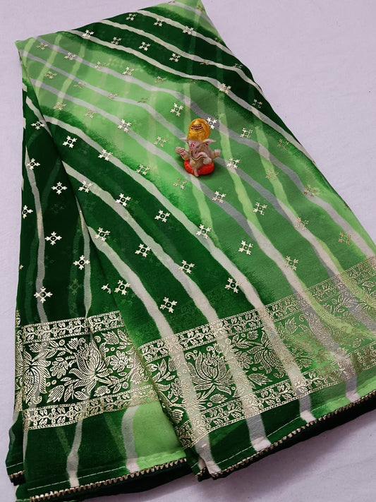 Maabetii Green Georgette Lheriya Saree with Gota Work