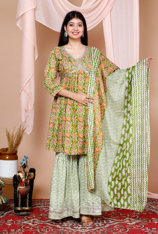 Maabetii Green Gota Embroider Work Rayon Peplum Sharara Suit Set