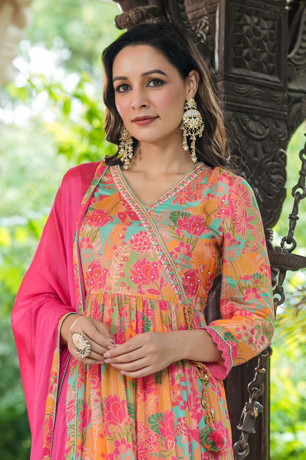 Maabetii Green & Pink Floral Printed Chinnon Angarkha Suit Set