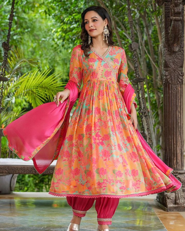 Maabetii Green & Pink Floral Printed Chinnon Angarkha Suit Set