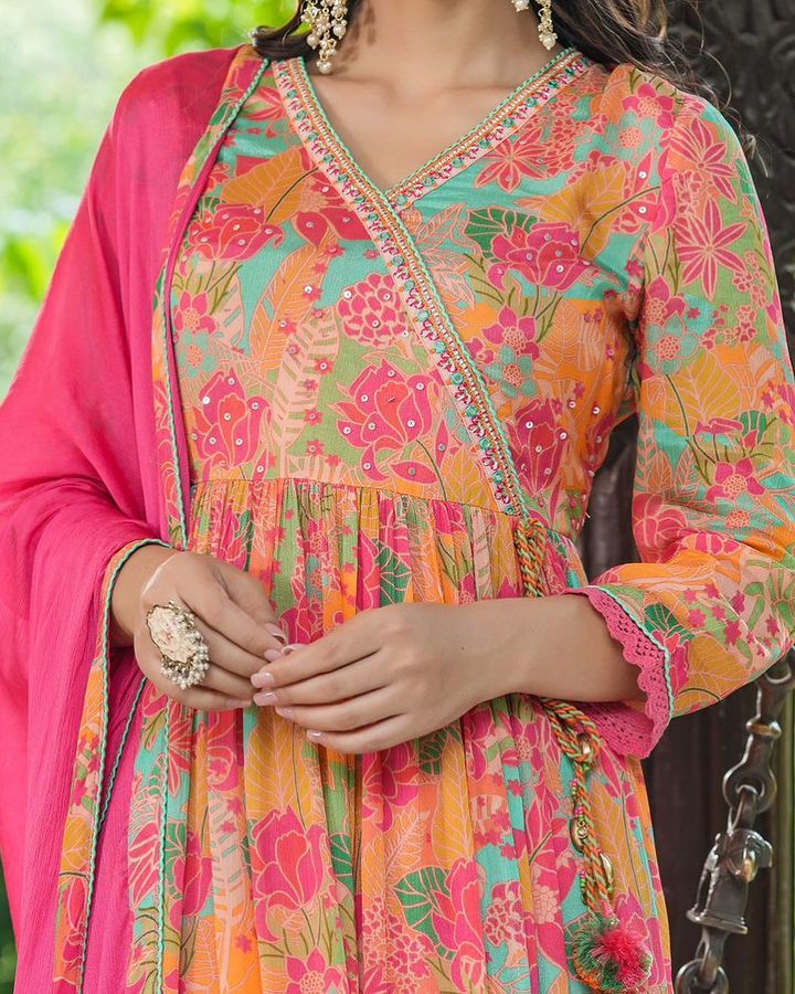 Maabetii Green & Pink Floral Printed Chinnon Angarkha Suit Set