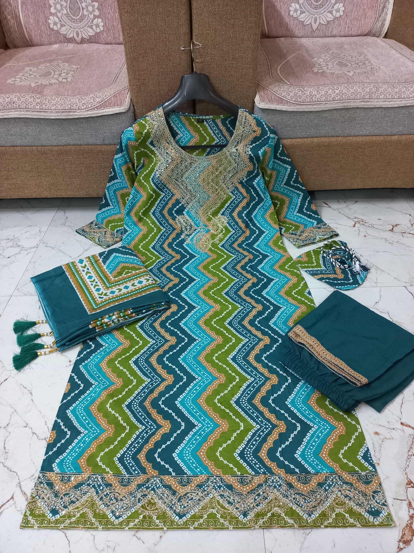 Maabetii Green Printed Embroidery Cotton Straight Suit Set with POTLI