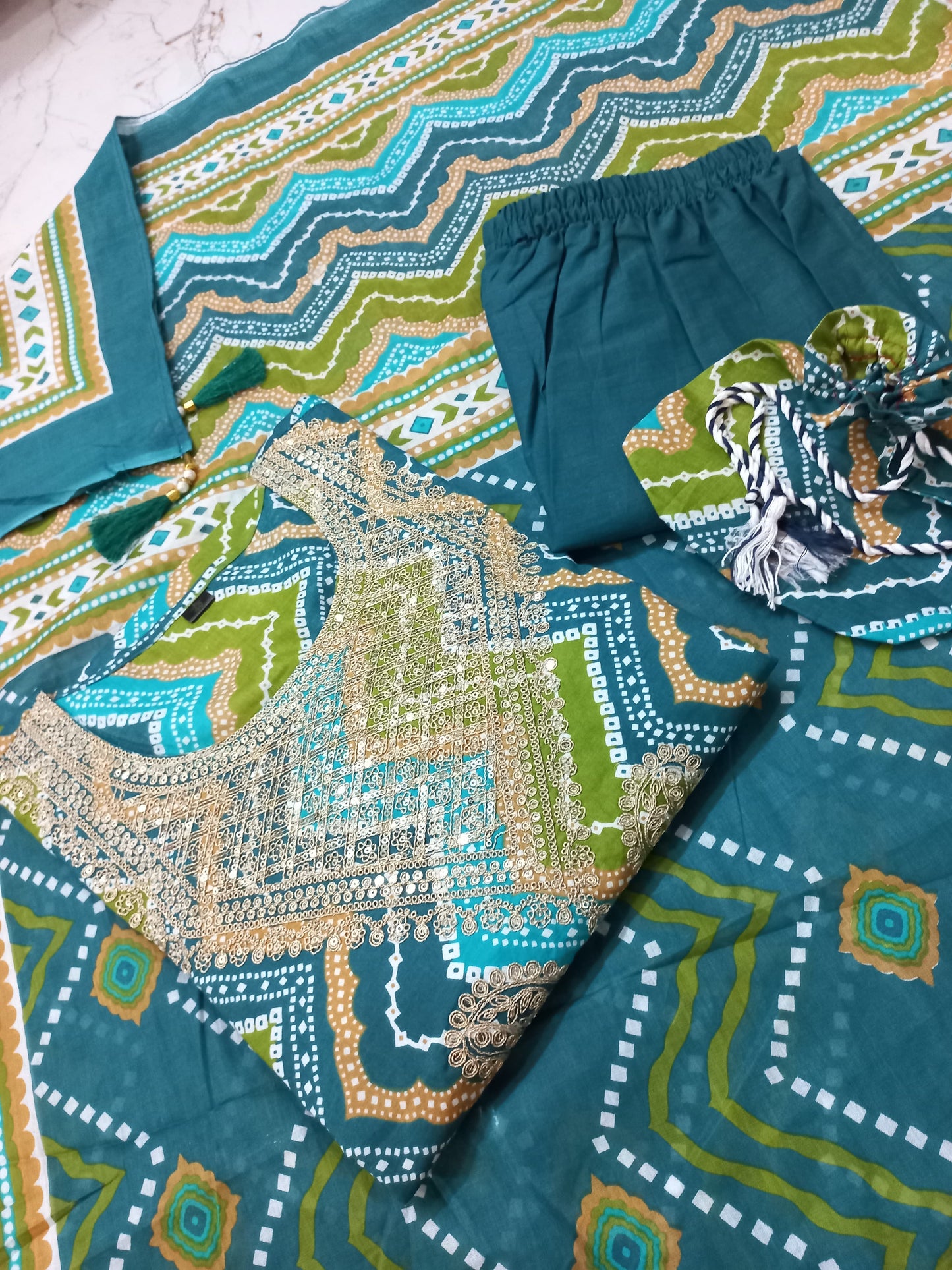 Maabetii Green Printed Embroidery Cotton Straight Suit Set with POTLI