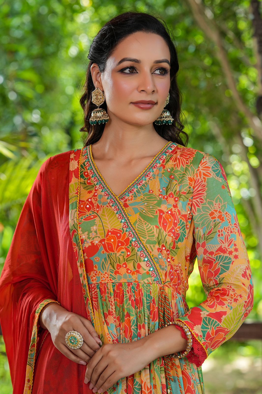 Maabetii Green & Red Floral Printed Chinnon Angarkha Suit Set