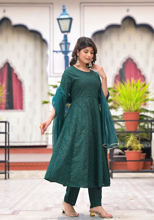 Maabetii Green Silfi Embroider Cotton 18 Kali Anarkali Suit Set