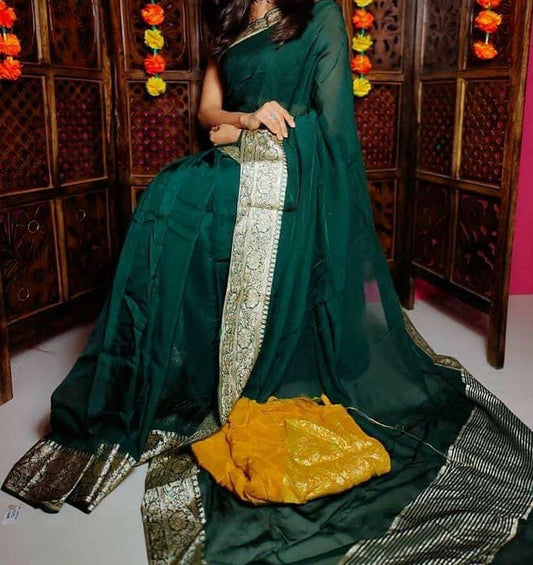 Maabetii Green Zari Work Organza Plain Saree