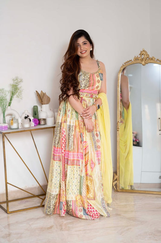 Maabetii Heer Yellow Printed Maxi Gown Style Suit Kurti Dupatta