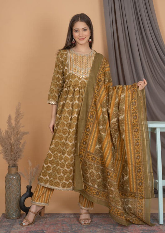 Maabetii Light Green Bagru style Procin Print Cotton Naira Cut Suit Set